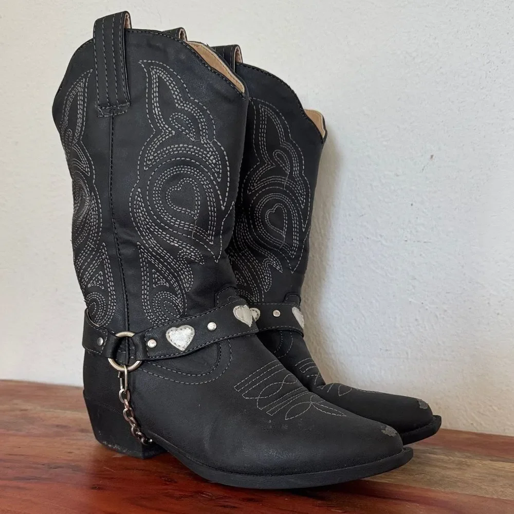 Roper Girls Black Country Western Harness Cowboy Boots with Heart Accents Kids 2